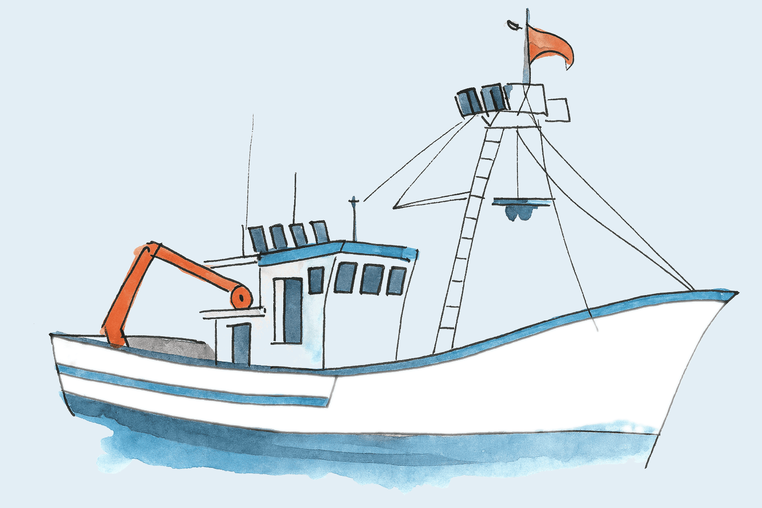 Ilustración de una traíña, la embarcación propia de la pesca de cerco.